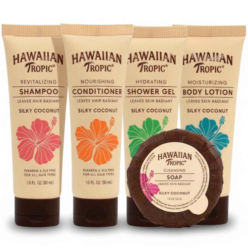 Hawaiian Tropic Silky Coconut 150 Piece Airbnb Essentials for Hosts,Hotel Shampoo & Conditioner Supplies for Guests,Body Wash Lotion & Soap, Travel Size Toiletries,Bulk Mini Sets Kits Soaps Air Bnb