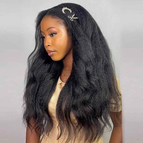 OQ Hair Kinky Straight Half Wig Human Hair Adjustable Drawstring 180% Density 3 In 1 Beginner Friendly Glueless Wear and Go Half Human Hair Wig for Women 18 Inch