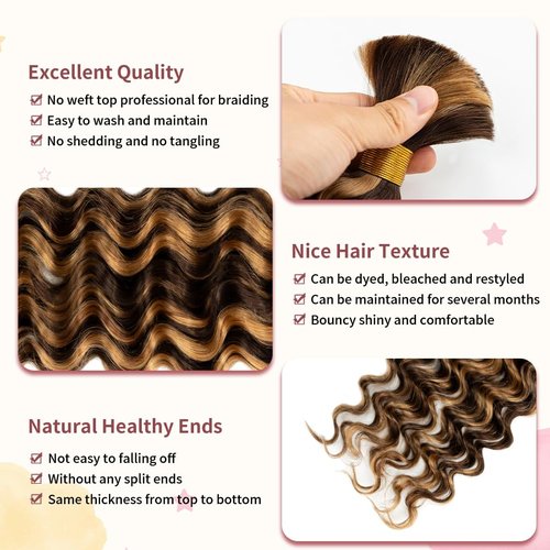 2 Bundles Human Braiding Hair for Boho Braids, 22Inch 120G P4/27 10A Brazilian Virgin Deep Wave Bulk Human Hair for Braiding, Wet And Wavy No Weft Curly Braiding Hair for Boho Knotless Braids