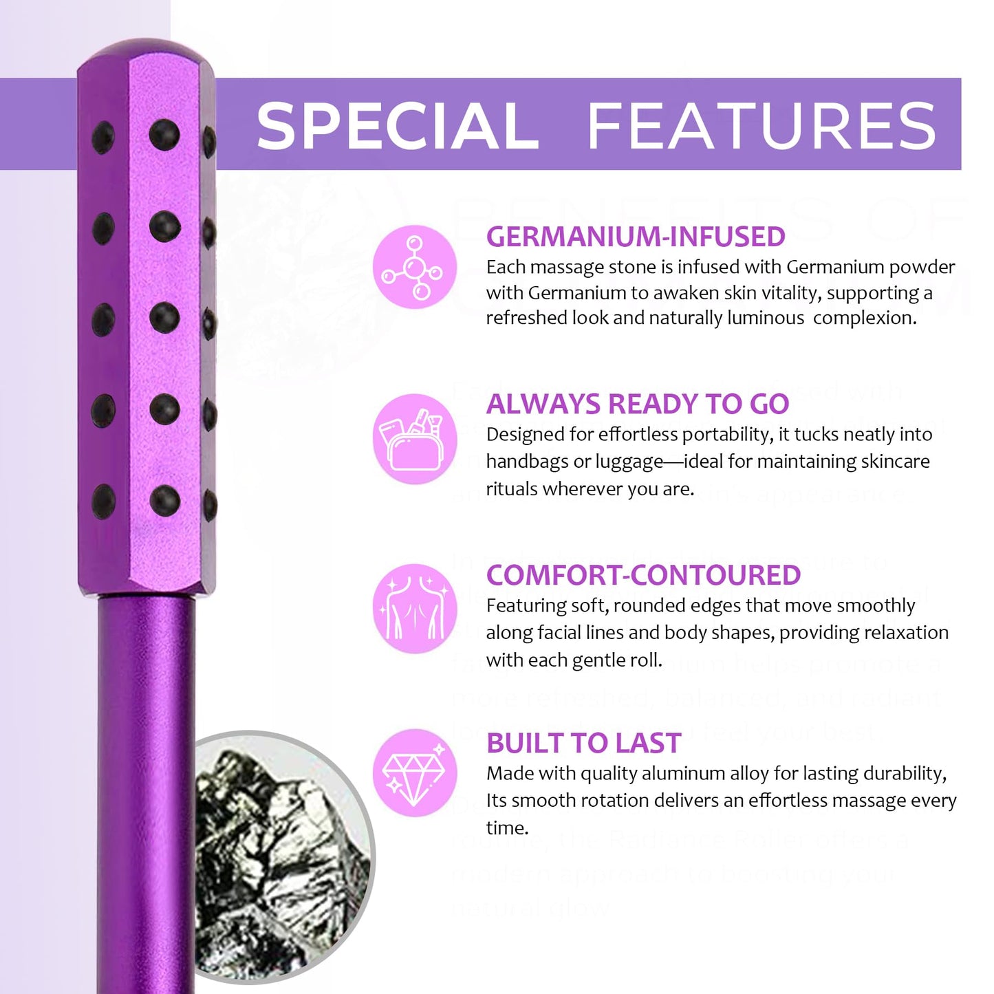 4-in-1 Germanium Stone Face Massager Beauty Roller for Up Lifting and Skin Care, Anti-Aging Beauty Tool with 3 Replaceable Heads - Jade Stone, Stainless Steel and 0.25mm Microneedle