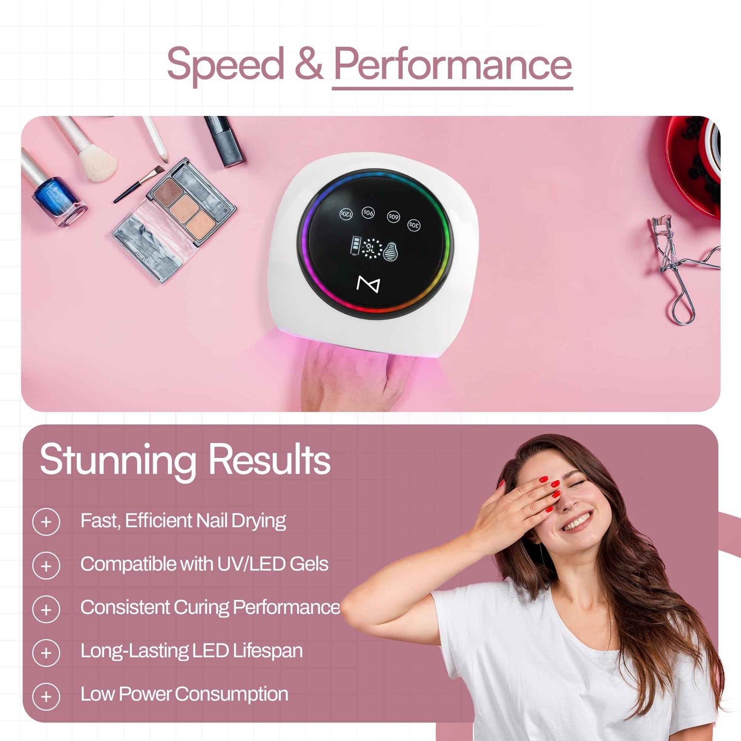 M - HaloLite LED Nail Curing Lamp 98W, 32 LEDs, Wireless Rechargeable with 5200mAh Battery, Fast UV/LED Gel Nail Dryer for Salon & Home Use, Long-Lasting, Portable, Cordless Design (Pink)