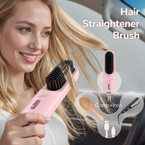Go Brush Pro 2025 Hair Straightener Brush 300 Million Negative Ionic Portable Hair Straightener Comb for Women with 4 Temps Fast Heating MCH Ceramic Coating Smooth Frizz - Free Hair