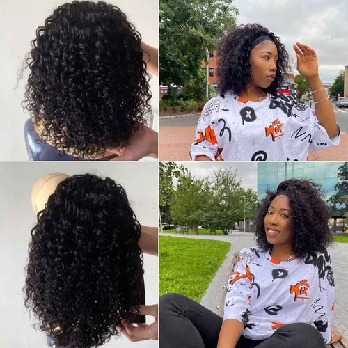 Punmasa Headband Wig Deep Wave 12 Inches 100% Human Hair Headband wigs for women Glueless None Lace Front Wig Machine Made 150% Density headband wig human hair Natural Black and Ombre 4/27