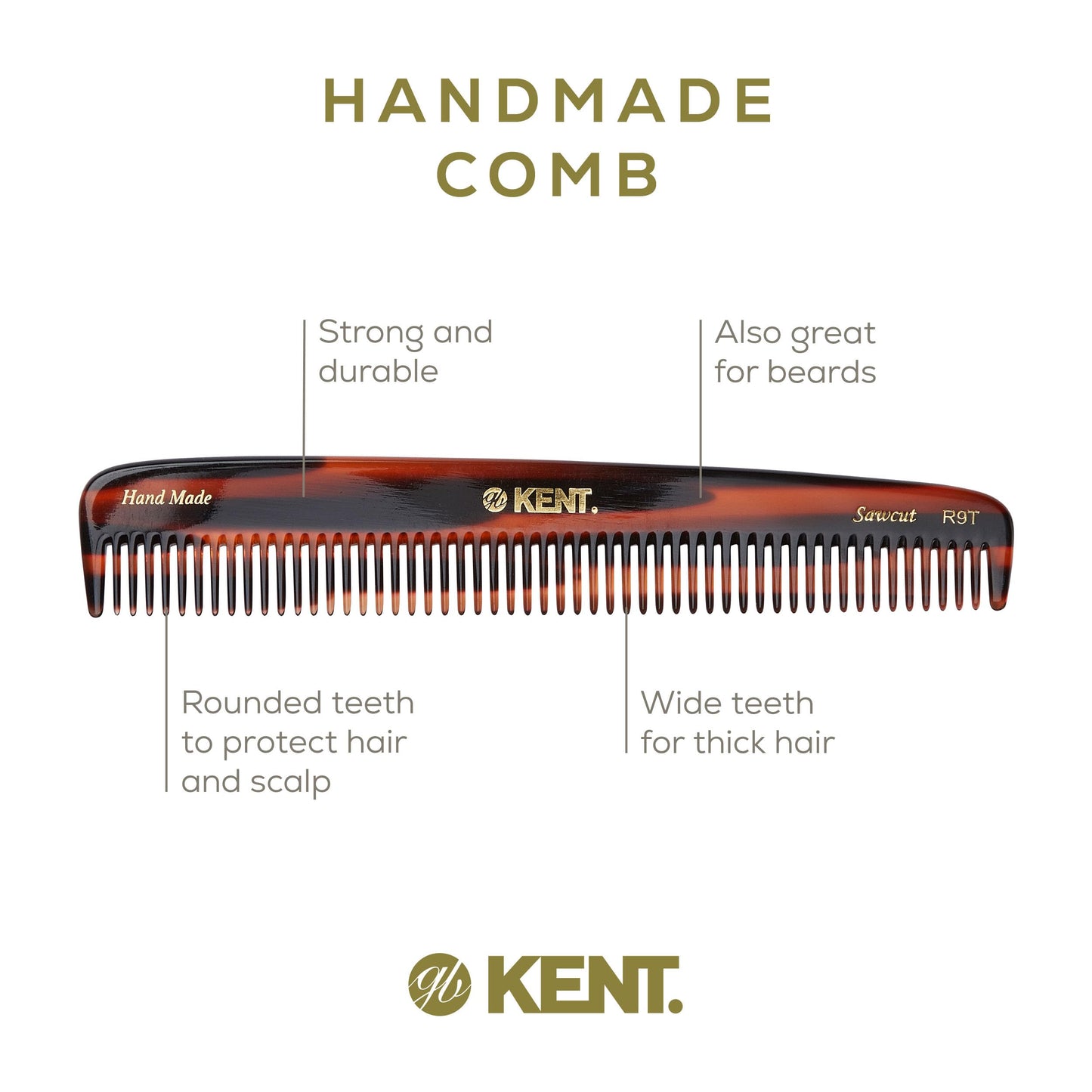 Kent R9T All Coarse Detangling Comb, Wide Teeth Dressing Table Comb for Thick Curly Wavy Hair. Detangler Combs for Grooming Styling Hair, Beard and Mustache. Saw-Cut. Handmade in England