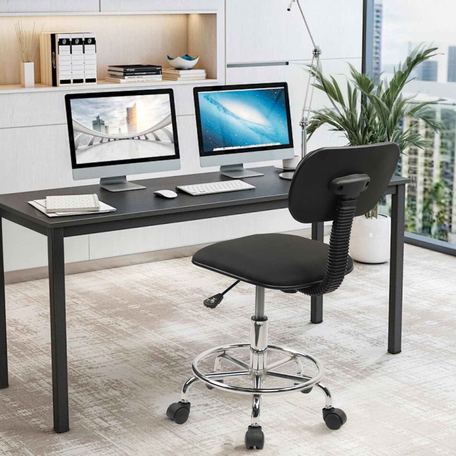 KLASIKA Low Wide Rolling Swivel Stool with Backrest, Adjustable Height Salon Chair Stools with Footrest for Spa Tattoo Office Desk Massage Task Lash Barber Facial, Black 1PK