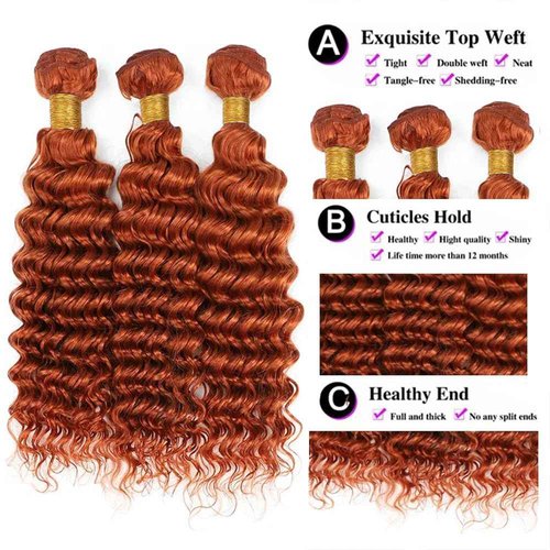 QEUOPE Color 350 Burnt Orange Deep Wave Human Hair Bundles Double Weft Brazilian Hair Extersions Ginger Deep Curly Wet and Wavy Bundles Soft Silky for Black Women 26 28 30 Inch