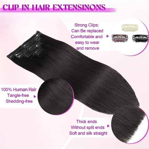 24INCH Clip In Hair Extensions Real Human Hair, Remy Human Hair Extensions 8PCS Long Soft Natural Hair piece 14-28 Inch Straight Hair Extension for Women(80g-120g 1B# Natural Black)