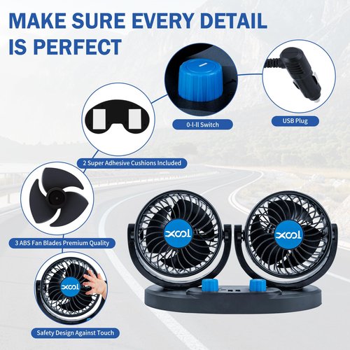 XOOL 12V Car Fan, 360 Degree Rotatable Electric Car Fans, 2 Speed Dual Head Fans with 2 USB Charging Ports, Quiet Strong Cooling Air Fan for Truck Vehicle Boat Van SUV RV