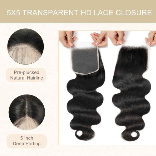 5x5 Transparent HD Lace Closure Body Wave Human Hair Pre Plucked Invisible Lace Closure Unprocessed Human Hair Invisible Knot Natural Black with Baby Hair(20Inch, Body Wave)