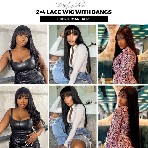 Ruiyu Straight Human Hair Wigs with Bangs 180% Density 2x4 Lace Front Wigs with Bangs Closure Wear and Go Glueless Wigs 100% Brazilian Virgin Human Hair Wigs for Women 16 Inch
