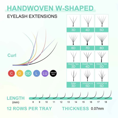 NAGARAKU 4D W Shape Eyelash Extension 5 Trays in 1 Pack Volume Premade Fans Pestañas Faux Mink Matte Black Cluster Easy Fanning False Lashes for Professional Beauty Salon (0.07 D Curl 8-15mm Mix)