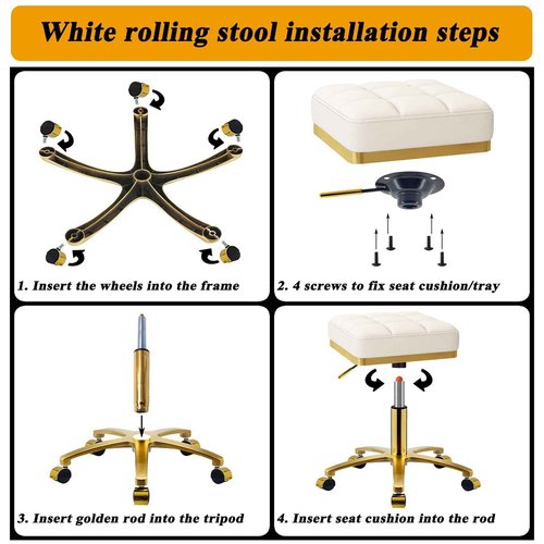 CQAEBK Square Rolling Stool Gold Adjustable Swivel Stools with Wheels, Vanity Lash Nail Salon Spa Roller Chair, Esthetician Massage Office Pedicure Stool, Heavy Duty Gold Plated Frame (White)