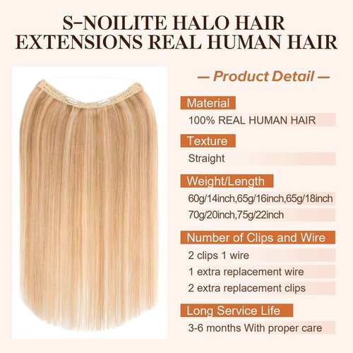 Halo Hair Extensions Real Human Hair,S-noilite 100% Human Hair Halo Extensions for Women,70g/20inch 12P613 Golden Brown Mixed Bleach Blonde