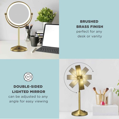 Conair Lighted Makeup Mirror, LED Vanity Mirror, 1X/10X Magnifying Mirror, Double Sided, Battery Operated in Brushed Brass