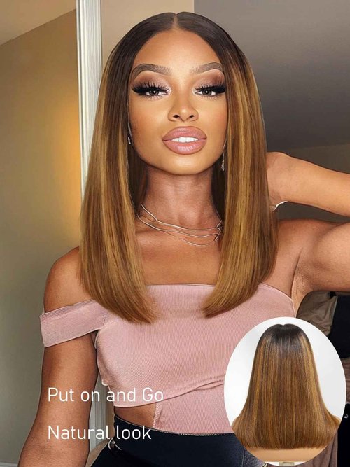 Julia Hair 12 Inch Brown Piano Highlight Blunt Bob Wig With Dark Roots Put on and Go Silky Straight Bob Wigs 7x5 HD Bye Bye Knots Lace Invisible Knots Short Wig Pre Plucked Pre Cut Natural Looking