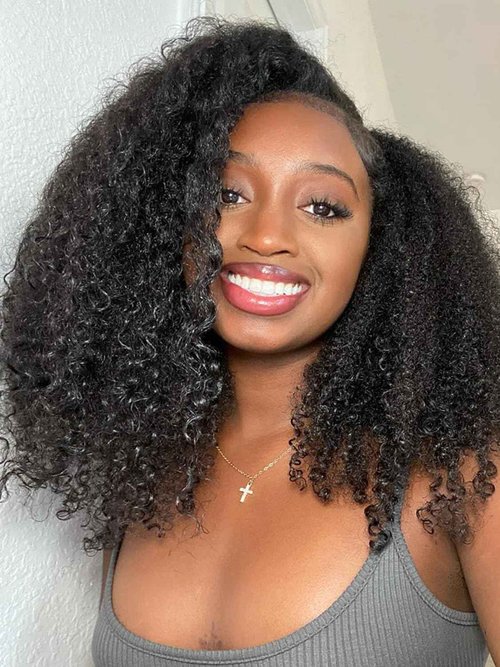 ISEE Half Wig Afro Curly 3 In 1 Glueless Wigs Human Hair Seamless Kinky Curly Flip Over Beginner Friendly Wear & Go Drawstring Band Clip in Wig Human Hair Black Color 14 Inch