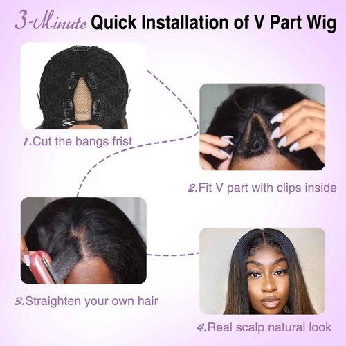 CHEETAHBEAUTY FB30 Ombre V Part Wig Human Hair 20Inch No Leave Out Upgrade Straight U Part Wig Highlight Blonde No Glue Brazilian Virgin Straight Human Hair Wigs for Women Colored Brown 180% Density