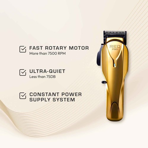 RED Pro Professional Cordless Hair Clipper for Men, Electric Rechargeable Hair Clipper Set for Barbers and Stylists with Up to 150 Minutes Battery Life, 6 Clippers Guide Included (Matte Gold)