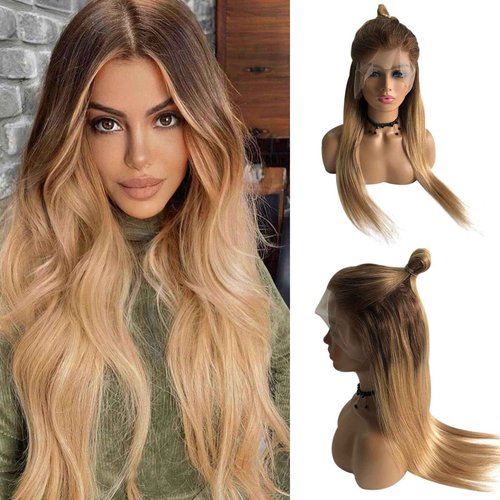 Ombre Blonde Lace Front Wig Human Hair,Glueless Blonde 13x6 HD Lace Front Wigs Human Hair Pre Plucked #4/27 Colored Ombre Brown to Blonde Straight Lce Frontal Human Hair Wig for Women Free Part
