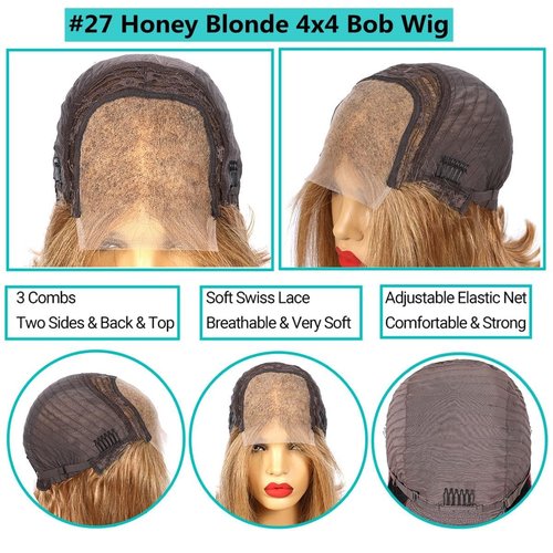 MUPRETTY 18A Raw Hair Blonde Bob Wigs Human Hair 4x4 Lace Closure Wig 27# Honey Blonde Wig Human Hair Keep Silky And Smooth After Multiple Washes(14Inch)