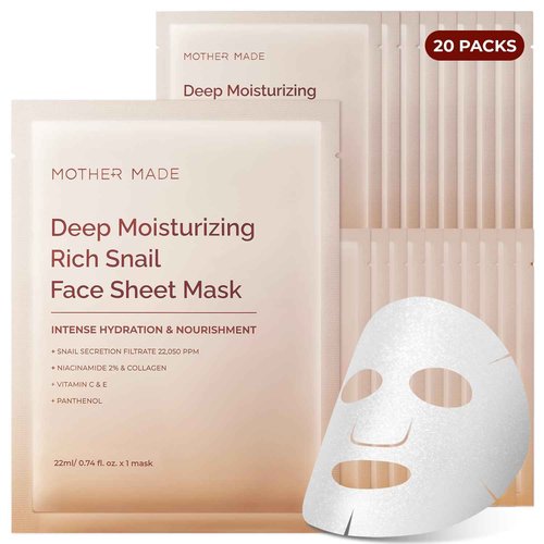 MOTHER MADE Glowing Glass Skin Hydrating Snail Deep Collagen Face Masks Set of 20 EA, with Niacinamide 2%, Vitamin E, Facial Mask for Dry, Sensitive Skin, Self Care, Korean Skincare