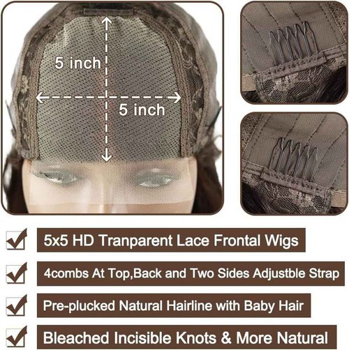 DÉBUT Reddish Brown Glueless Wigs Human Hair Pre Plucked Straight Hair Lace Front Wigs 5x5 HD Lace Closure Wig for Women Daily Use 18 Inches