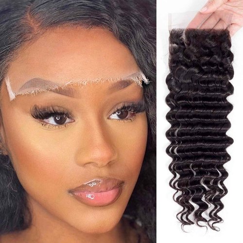 FalaFala SKINLIKE REAL HD Lace 5x5 Closure Deep Wave Swiss HD Lace Closures Only Ultra-thin Melted Virgin Human Hair Natural Black Baby Hair Pre Plucked Serrated Edge 18 Inch