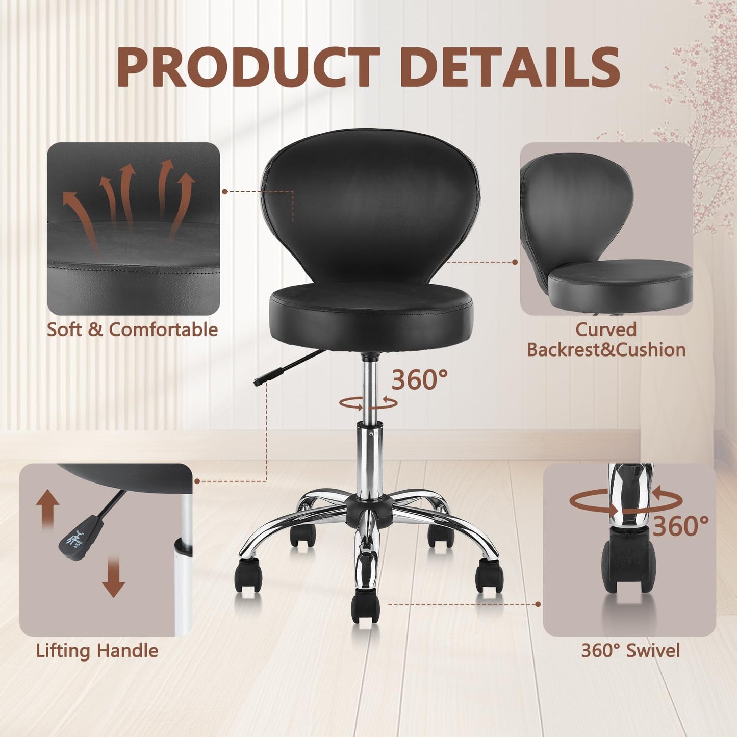 KLASIKA Leather Rolling Swivel Salon Stool Chair with Back Support Adjustable Hydraulic Seat Height 22 in for Office Massage Facial Spa Medical Drafting Tattoo Beauty Barber