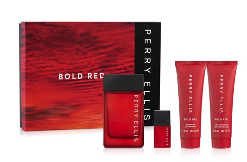 Perry Ellis Bold Red Gift Set: 3.4 fl oz eau de toilette,3 oz aftershave,3 oz shower gel,.25 fl oz travel mini - lime, parsley, mandarin, nutmeg, cinnamon, lavender, sandalwood, patchouli, cedarwood