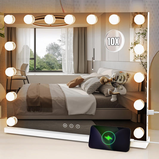 Lighted Makeup Mirror 19" L x 23" Light Hollywood Mirror with Detachable 10X Magnification Hollywood Vanity Mirror with Lights Smart Touch Control Hollywood Lighted Mirror with 15 LED Bulbs 3Colors