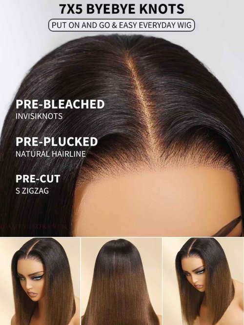 YIROO Yaki Straight Bob Wig Ombre Brown Human Hair Bye Bye Knots Glueless Wig Chestnut Brown Pre Cut 7x5 HD Lace Front Lace Put On and Go Pre Bleached Pre Plucked with Dark Roots Yaki Bob Wig 10Inch