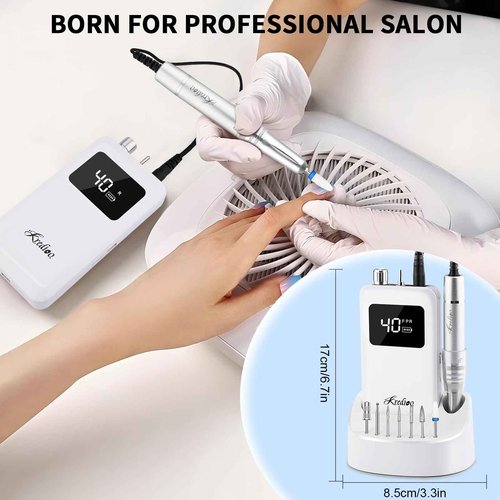 Kredioo Professional Nail Drill Brushless 40,000RPM Rechargeable 2-in-1 Portable Electric Nail File Ultra Silent Salon Must Haves Christmas Nail Tool Kit Removing Acylic Gels
