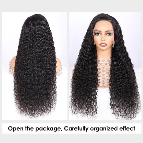 Alibeauty 13x4 HD Transparent Lace Front Wigs Human Hair Pre Plucked Hairline with Baby Hair 200 Density Brazilian Water Wave Wigs for Black Women(14 Inch)