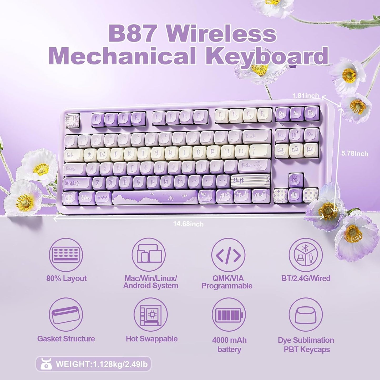 YUNZII B87 Wireless Mechanical Keyboard,QMK/VIA Programmable,TKL Layout 87 Keys,BT/2.4G/USB-C,Hot Swap Gasket Mount RGB Backlit Gaming with Wrist Rest for Win/Mac(Purple, Cocoa Cream V2)