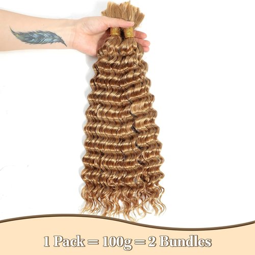 Leruikair Deep Wave Human Braiding Hair 50g Per Bundle 2 Pcs Total 100g 24 Inch Color 27# Honey Blonde Brazilian Virgin Bulk No Weft Braiding Human Hair for Black Women