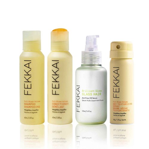 FEKKAI Brilliant Gloss Travel Bundle - Full Blown Volume Shampoo (2 oz) and Conditioner (2 oz), Brilliant Gloss Glass Hair Anti-Frizz Oil Serum (3.4 oz) + Full Blown Volume Texturizer (1.7 oz)