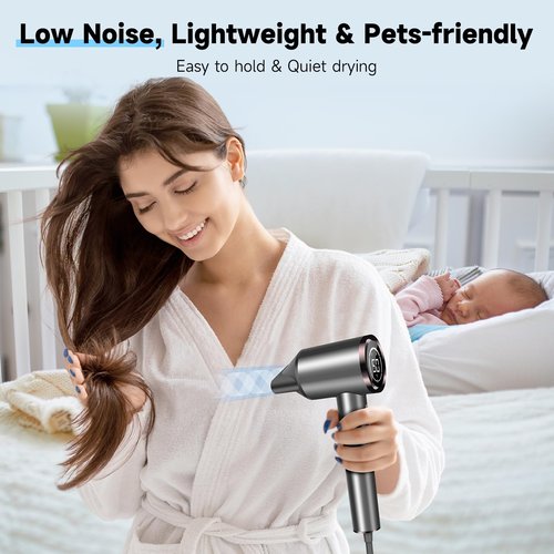 Hair Dryer with Diffuser, 150000RPM Professional High-Speed Negative Ionic Care Blow Dryer, Heat-Control, Fast Drying, Low Noise with Magnetic Diffuser and Nozzle for Women & Men, HD Display (Gray B)