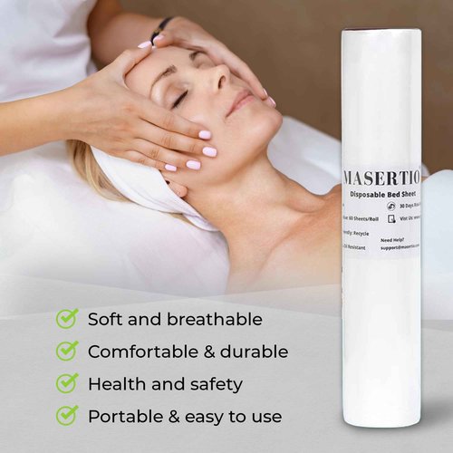 MASERTIO Disposable Massage Bed Cover - 60 Sheets Per Roll, Non-woven Material - Ideal for Spa, Tattoo, Waxing - No Crinkle Table Sheets - 31.5 x 71 Inches (2 Rolls)