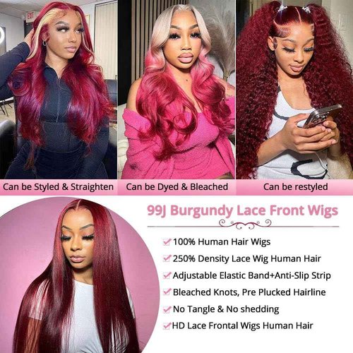 PRUWIGS 22 Inch 99j Burgundy Lace Front Wigs Human Hair 250% Density Straight Burgundy Wig Human Hair 99j 13x6 HD Glueless Frontal Wigs for Women Pre Plucked with Baby Hair