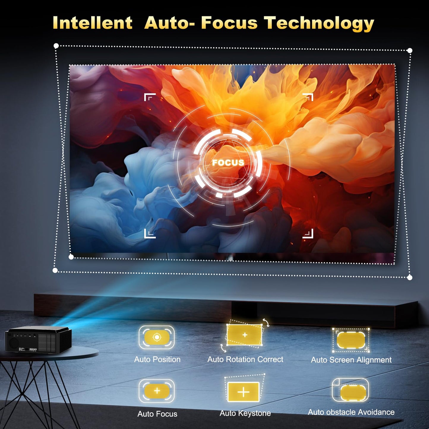 [1500 Brightness] Dess Projector with WiFi 6 and Bluetooth, Home Outdoor Electric Stand Movie Proyector, Auto Focus & Keystone, 1080P Native , High Contrast, Smart Projector