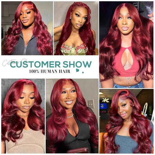 Allove Burgundy Lace Front Wigs Human Hair Pre Plucked 180% Density 22inch Body Wave Lace Front Wigs with Baby Hair 13x4 Glueless HD Transparent Frontal Wigs For Women