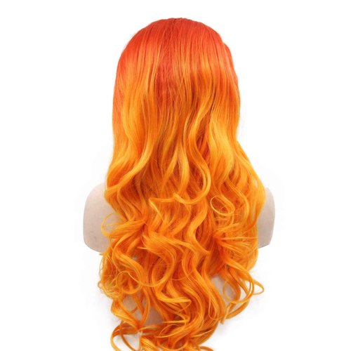 Orange Wigs for Women Handmade Lace Front Wig Red Orange Curly Hair Wig Long Wavy Side Part Yellow Ombre Natural Hairline Glueless Synthetic Heat Resistant Hair Cosplay Makeup Drag Queen Wig 24Inch