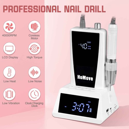 Nail Drill Professional, 40000RPM Rechargeable Electric Nail Drill with Corelss Motor, HoMove Cordless Nail Efile with Clock Power Dock for Acrylic Gel Nails Remove, Low Noise Low Vibration
