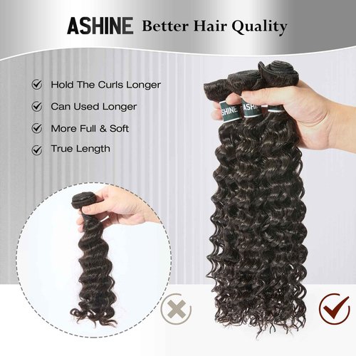 ASHINE Human Hair Bundle Deep Wave Unprocessed Cambodian Raw Hair 20 Inch, Flip Over Quick Weave Wet and Wave Bundles for Women Natural Black