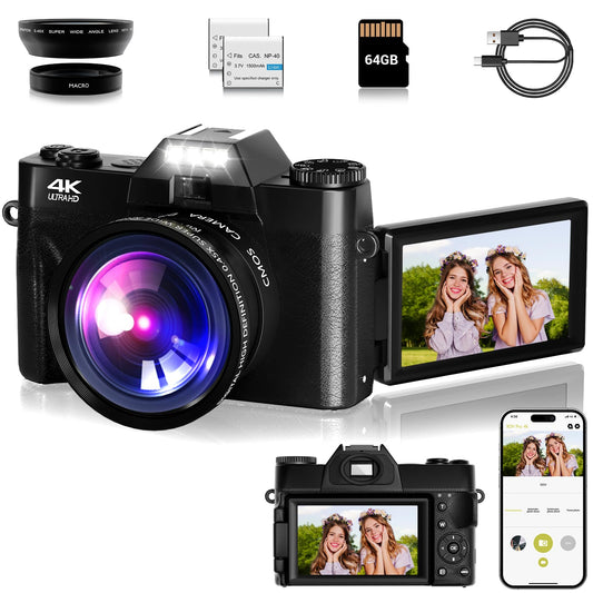 4K Digital Camera for Photography, 75MP WiFi Vlogging Video Camera for YouTube with 3'' 180°Flip Screen, 64GB SD Card, 16x Digital Zoom, 2 Batteries, Point and Shoot Digital Camera for Beginner Black