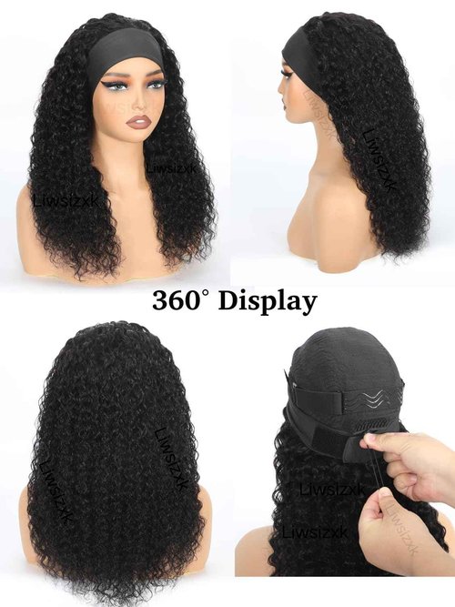 Liwsizxk Water Wave Headband Wig Human Hair 220 Density Upgrade Curly Drawstring Headband Wigs Human Hair Wear and Go Glueless Wigs for Black Women 22inch None Lace Front Wigs Natural Color
