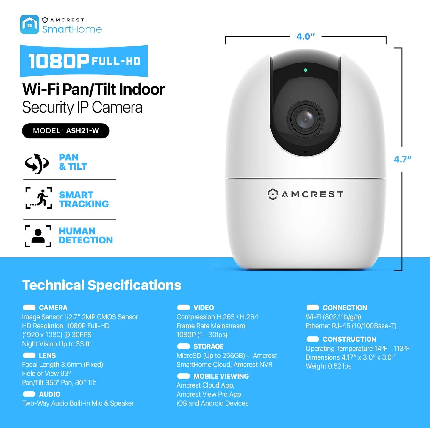 Amcrest 1080P WiFi Camera Indoor, Nanny Cam, Dog Camera, Sound & Baby Monitor, Human & Pet Detection, Motion-Tracking, Phone App, Pan/Tilt Wireless IP Camera, Night Vision, Smart Home ASH21-W