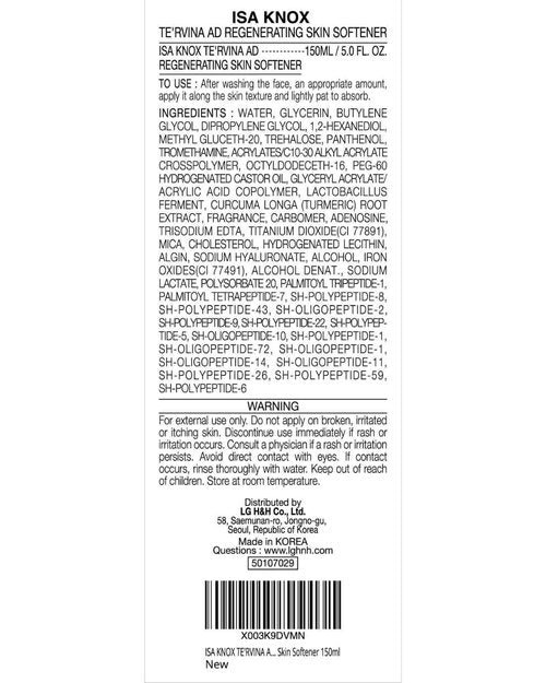 ISA KNOX TE'RVINA AD Regenerating Skin Softener (5.1fl oz) - Hydrating, Nourishing & Firming Toner for Youthful and Radiant Skin by LG Beauty. Placenta, Rose Absolute.