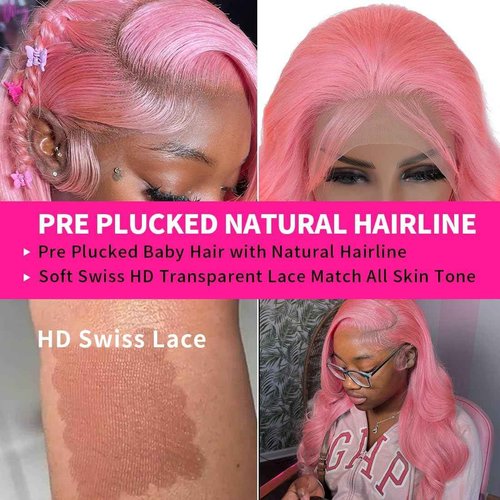 BUGUQI Pink Lace Front Wigs Human hair Pink Wigs Human Hair Body Curly Human Hair Wig For Women Body Wave Lace Frontal Wigs Human Hair 200% Density HD Transparent Pre Plucked