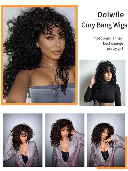 Doiwile Curly Wig with Bangs Human Hair for Black Women 4x4 HD Lace Closure Wigs Human Hair long Black Wig with Bangs Glueless Wigs Human Hair 22inch